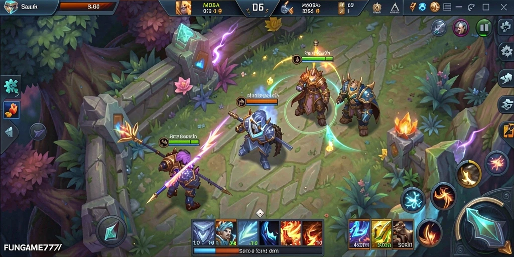 Screenshot FUNGAME777 menampilkan aksi seru di arena MOBA.