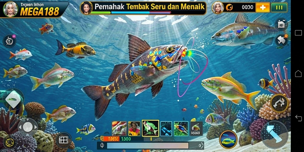 Tampilan gameplay seru dari MEGA188 saat menembak ikan.