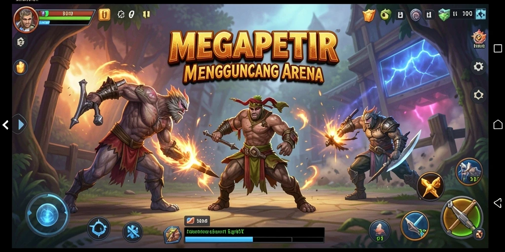 Screenshot MEGAPETIR menampilkan aksi pertarungan yang menegangkan dalam arena.